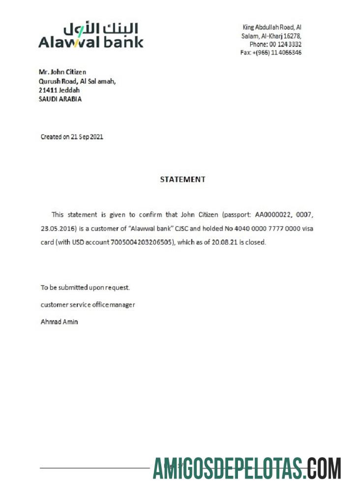 Referência de fechamento do banco Alawwal da Arábia Saudita modelo